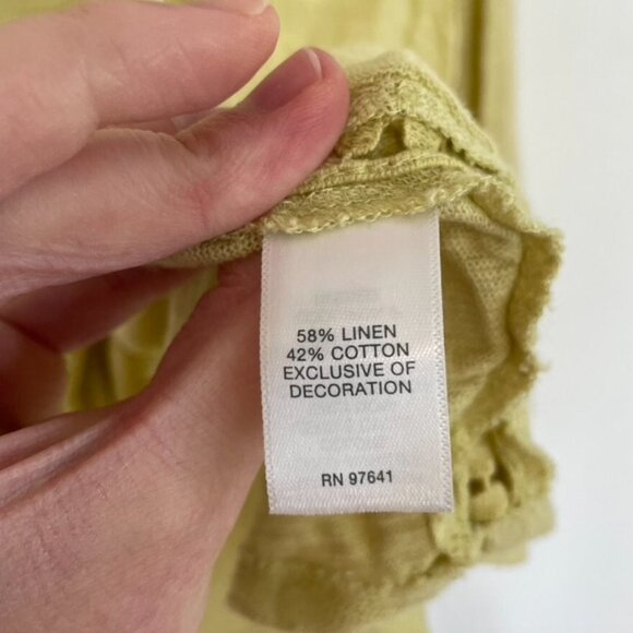 J. JILL Linen Blend Top Chartreuse Green V-Neck 3/4 Sleeve Crochet Asymmetrical - Picture 8 of 12